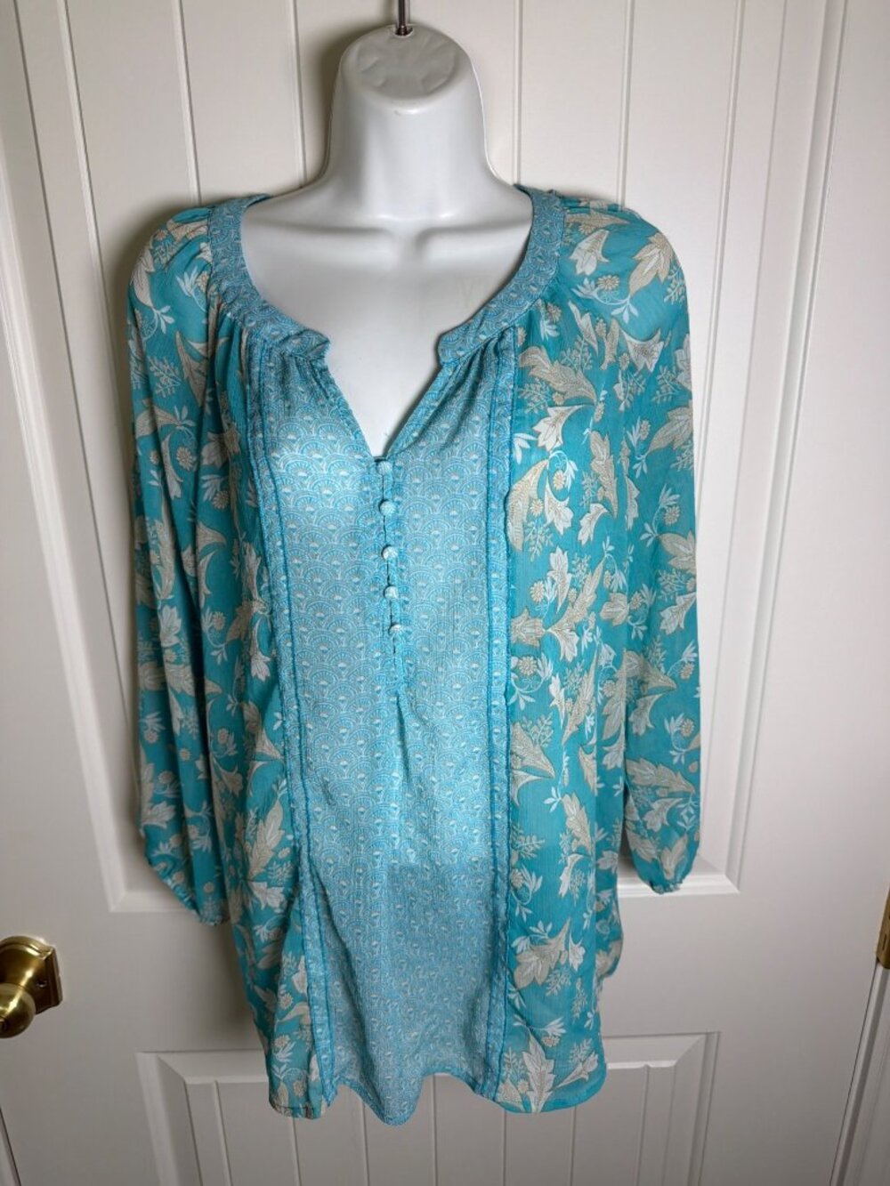 New Directions Blue Floral Tunic Top 3/4 Sleeves Boho Style, Large